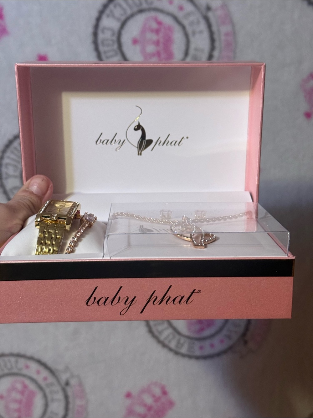 Baby Phat Gold Watch and Necklace Set with Pink Box